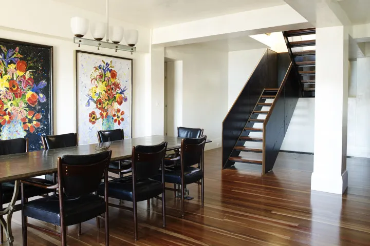 Gaelforce Dining and Stairs. Gaelforce Accommodation Open Plan Kitchen and TV, Luxury Holiday Accommodation NSW Australia