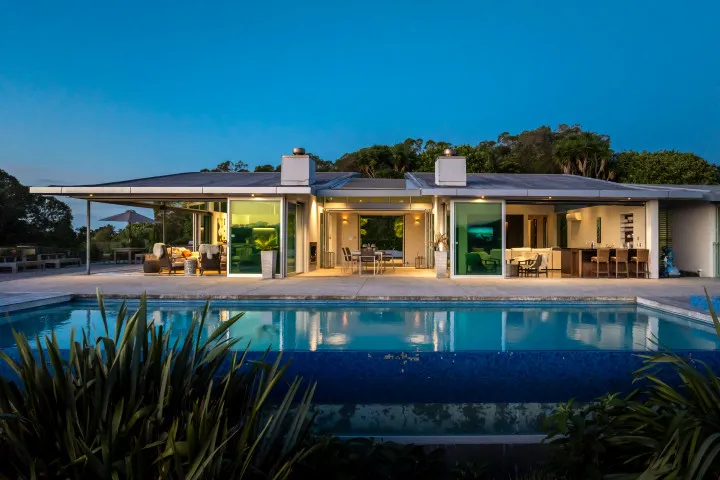 Korora Estate Exterior Dusk over swimming pool