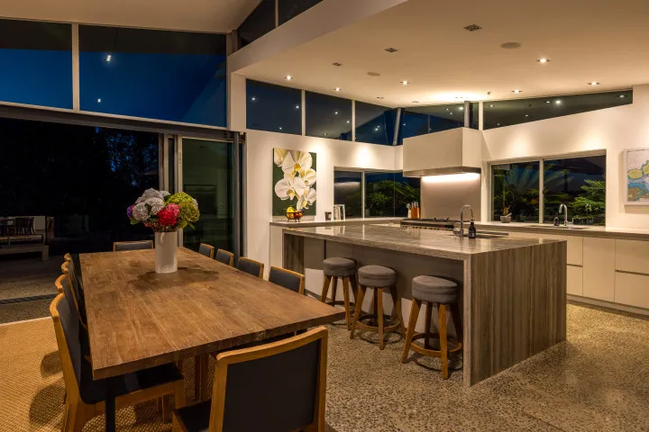 Korora Estate Main House Dining area and kitchen dusk