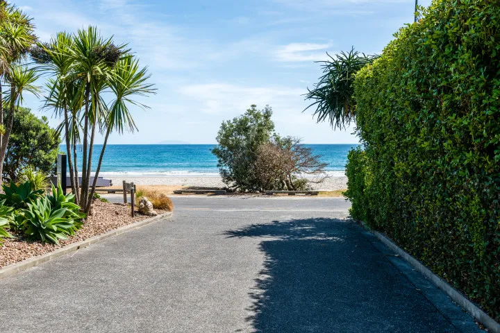 Driveway, palm trees and beach view from Sanctuary on The Beach