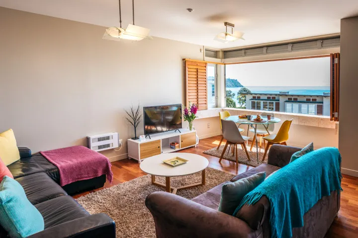 TV and coffee area in cosy Waiheke apartment