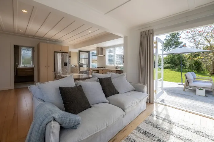 Super comfortable couch at Tahatai Cottage