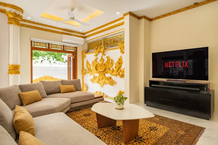 Swarna Mandapa lounge area with 72 inch smart TV