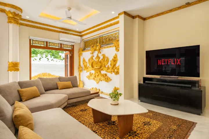 Swarna Mandapa lounge area with 72 inch smart TV