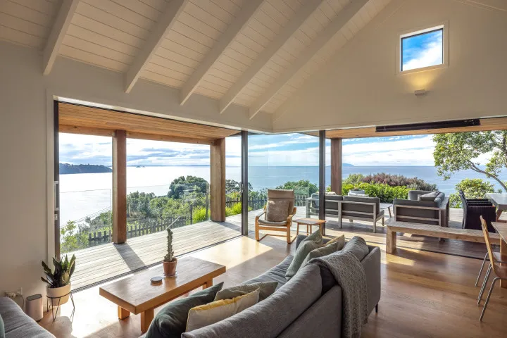 Tidewatch Onetangi Living Room Opening to Deck and Sea View