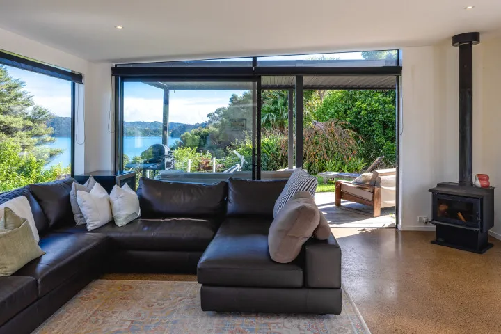 Wharetana Bay Villa Lounge with log burner for winter
